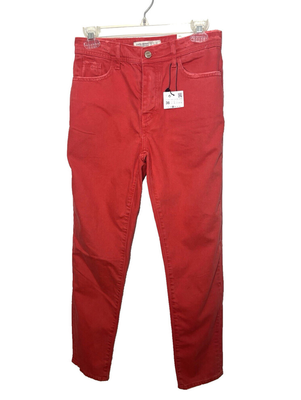 Zara Basic Slim Leg Distressed Jeans Mom Fit  Size 36 Button-Fly Red Red NWT